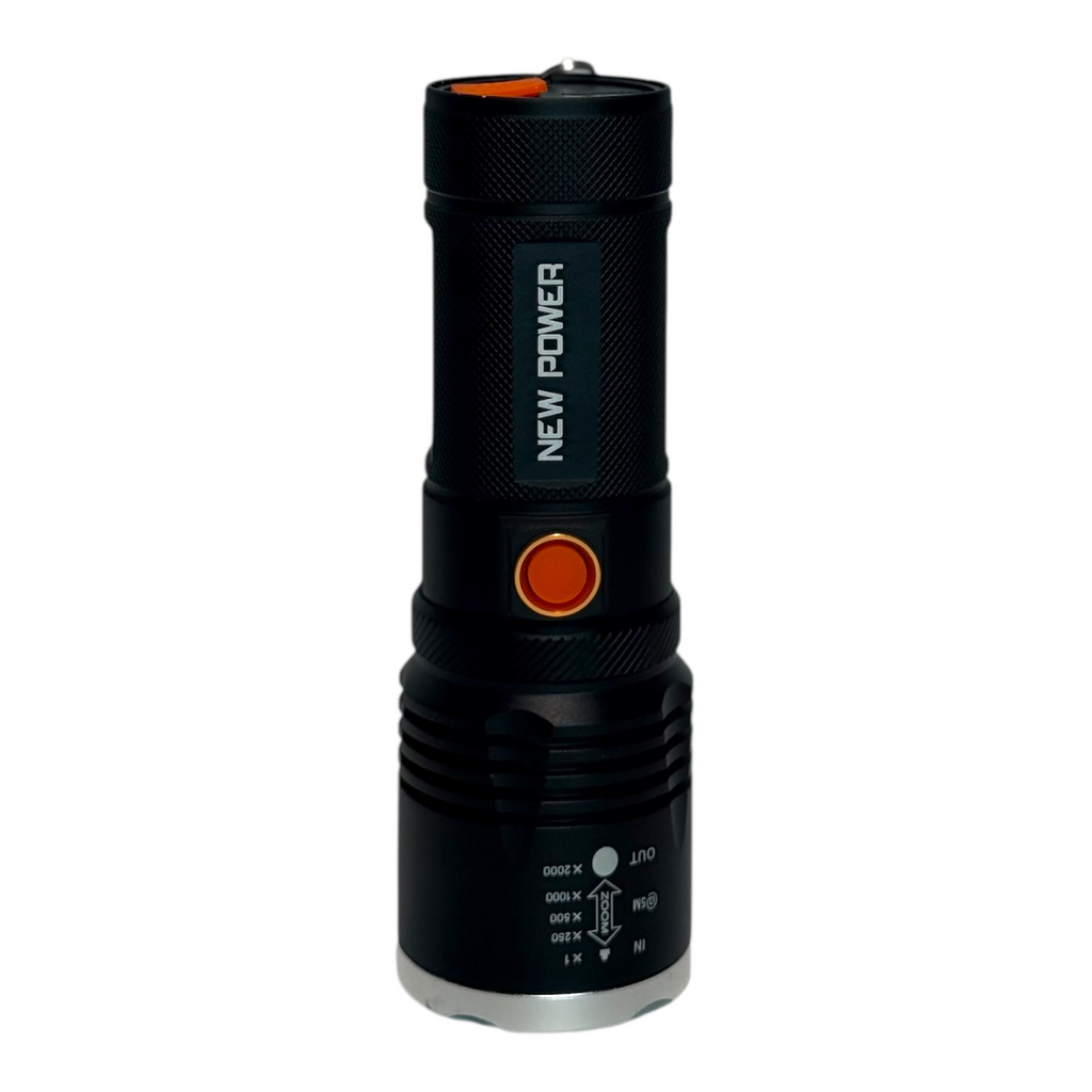 Linterna táctica recargable NEW POWER PW-P10 – Zoom ajustable y Power Bank – LED JDT50 Highlight