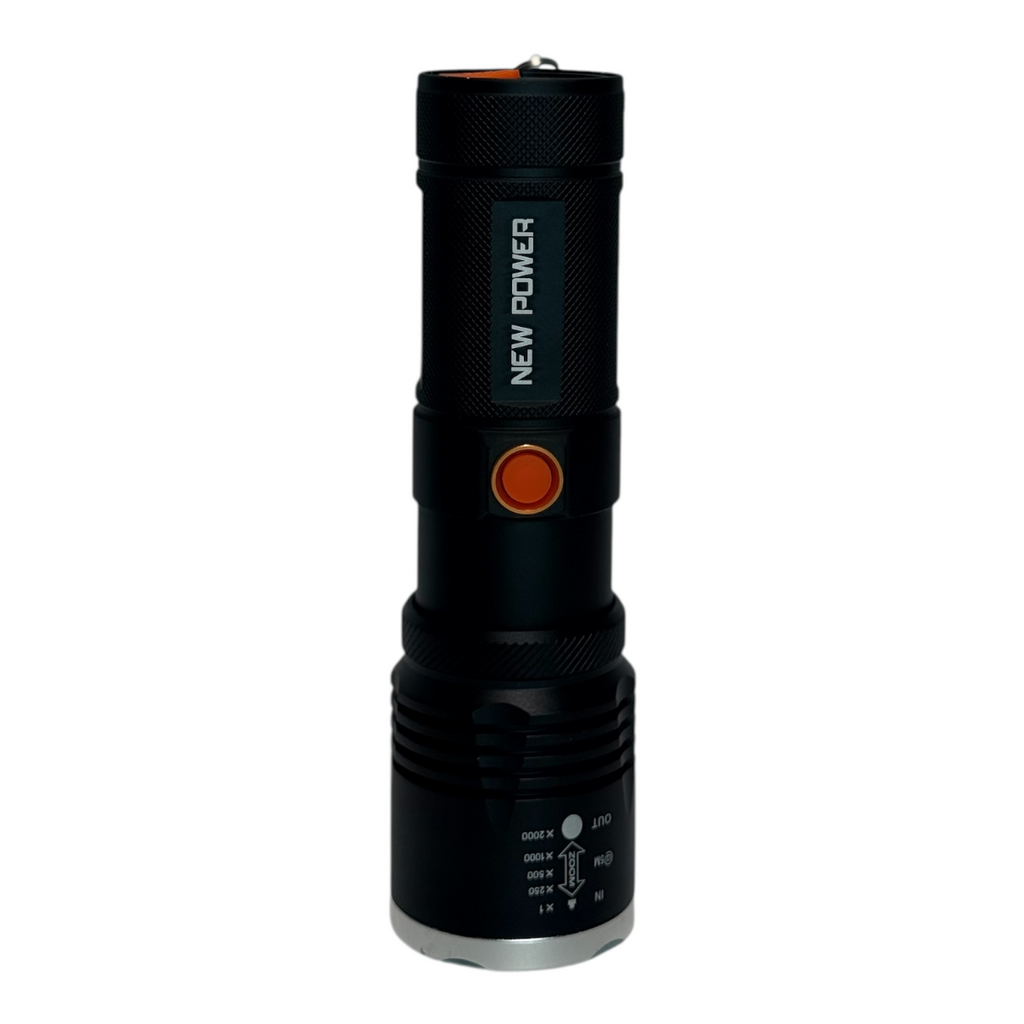 Linterna táctica recargable NEW POWER PW-P10 – Zoom ajustable y Power Bank – LED JDT50 Highlight