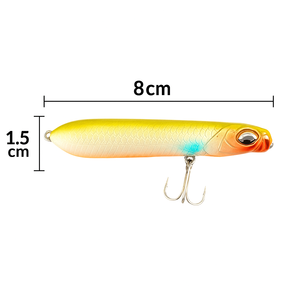 Señuelo Pencil Bait Superficie 8 cm – Color Dorado con Naranja FISH-52